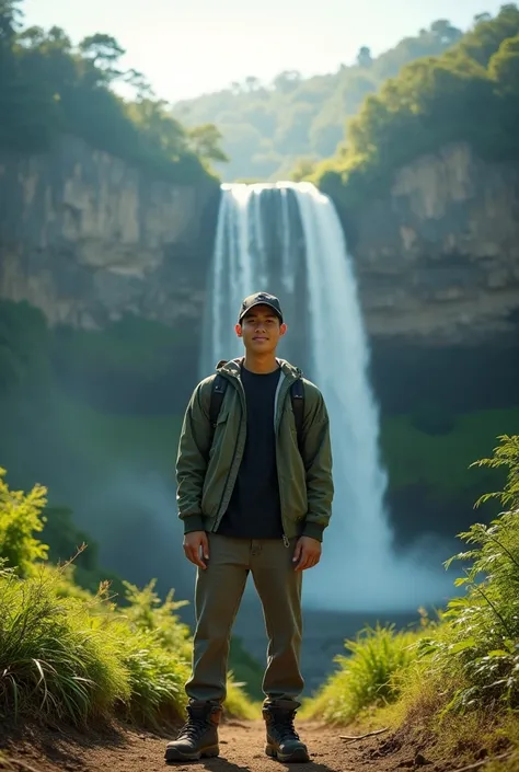 Cinematic photography of a young man from Indonesia with buzz cut hair, wearing a baseball cap, wearing a green jacket and black t-shirt, long jeans, mountain shoes, standing while carrying a backpack, standing in front of a large forest facing a waterfall...