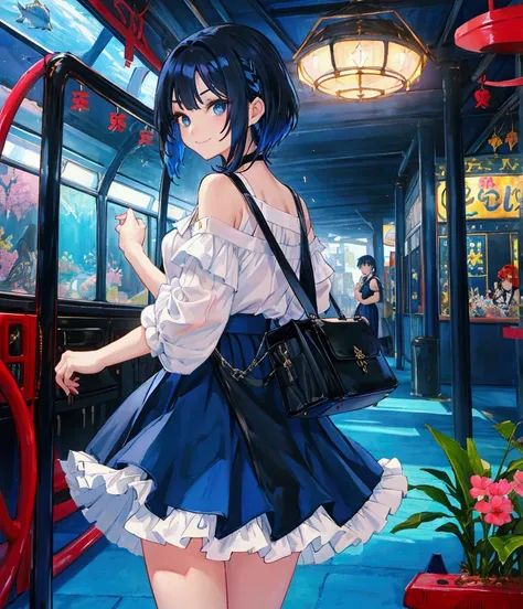 oil painting, Like a game cover、background（aquarium、amusement park、people々There is、Date Scene、blue and black contrast）、 pose（ looking back）、 character（Tree Eyes、Mean face、 red eyeliner that makes a striking impression、 ,Sparkling blue eyes、smile）、Hairstyle...