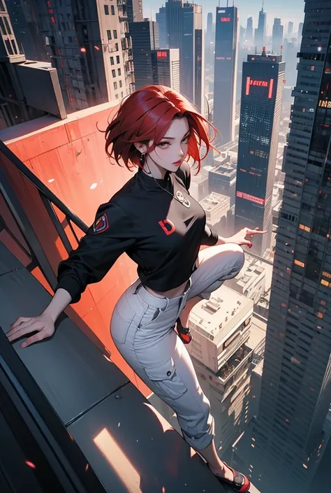  Cyberpunk　　Red hair woman　 shortcut hair　　Center　黄色スタイリッシュ Cyberpunkジャケット　　The inner is white 　　 stylish cargo pants 　Knee kick　 angle from above 　 Cyberpunkスタイリッシュブーツ　Aerial　Floating　 night city buildings 　 excitement 