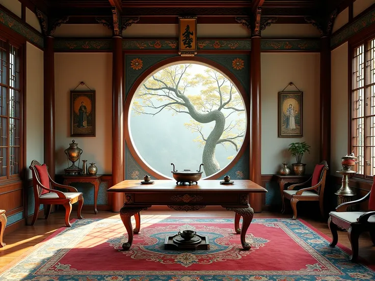 Ancient fairy-style study room, horizontal angle, close shot. Silver and gold metalwork furniture, beautifully carved metal tables and chairs, and boldly colored paintings on the walls. There is a bronze guqin in the center of the room, and metal tea sets ...