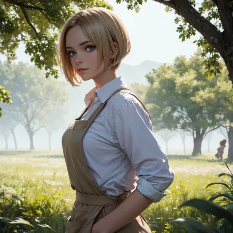 HDR photo of woman, from the side, short blonde hair with light highlights, curly bob haircut, light blue eyes, shirtless, wearing an apron, (freckles:0.4) , holding flowers, early summer morning, looking at the viewer, standing in a grassy field under a t...