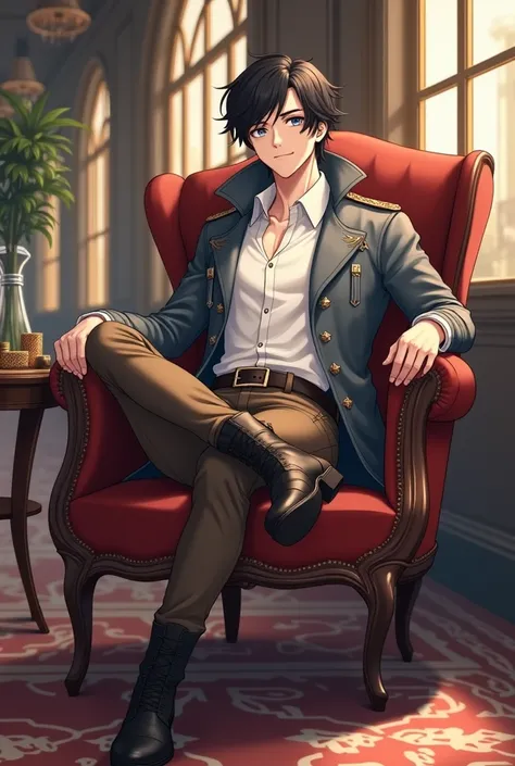 Inspired by the steampunk subgenre and Victorian Europe, create in anime style a young adult of medium height and athletic body, with fair skin, blue eyes and medium-length wavy black hair. He will be wearing a simple white shirt and brown pants, as well a...