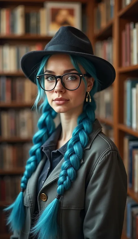 Create a captivating image of a young woman with a focus on depth of field, where both the foreground and background are artistically blurred. The scene is set in a cozy library, with towering bookshelves filled with books creating a warm and intellectual ...