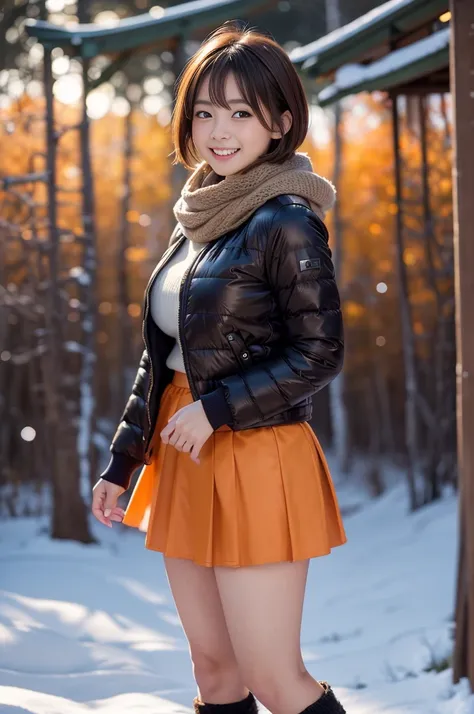 (8k, RAW photo, photorealistic, HQ, masterpiece), a cute Japanese girl,(glowing eyes), 
(laugh ), brown hair, fluffy Pixie Bob hair, large breasts, curvy, (Scarf, orange down jacket, tight long skirt), 
standing pose, Seductive pose, (winter nature park), ...