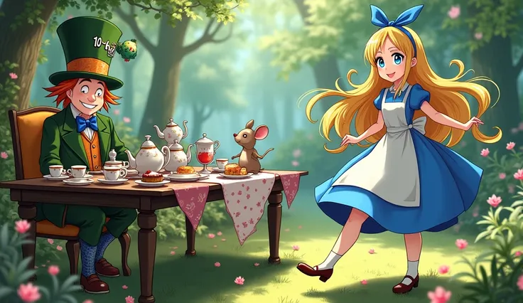 A full-body image of an anime-style depiction of Alice from Alice in Wonderland. She has long, flowing blonde hair that moves gracefully as she dances, and her radiant blue eyes shine with joy. She is dressed in her iconic blue dress with a white apron, an...