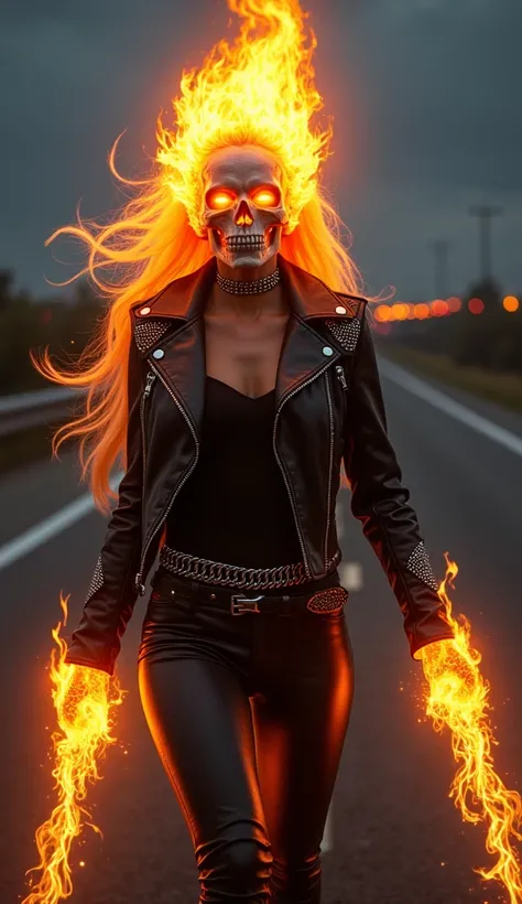 "Create a high-quality, realistic image of a female version of Marvels Ghost Rider. She has fiery, glowing skull features, with a vibrant, intense flame emanating from her head, engulfing her skull in an otherworldly blaze. Her attire is a sleek, black lea...