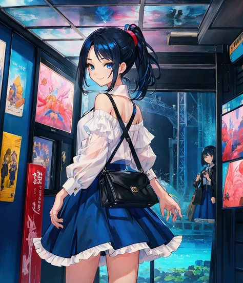 oil painting, Like a game cover、background（aquarium、amusement park、people々There is、Date Scene、blue and black contrast）、 pose（ looking back）、 character（Tree Eyes、Mean face、 red eyeliner that makes a striking impression、 ,Sparkling blue eyes、smile）、Hairstyle...