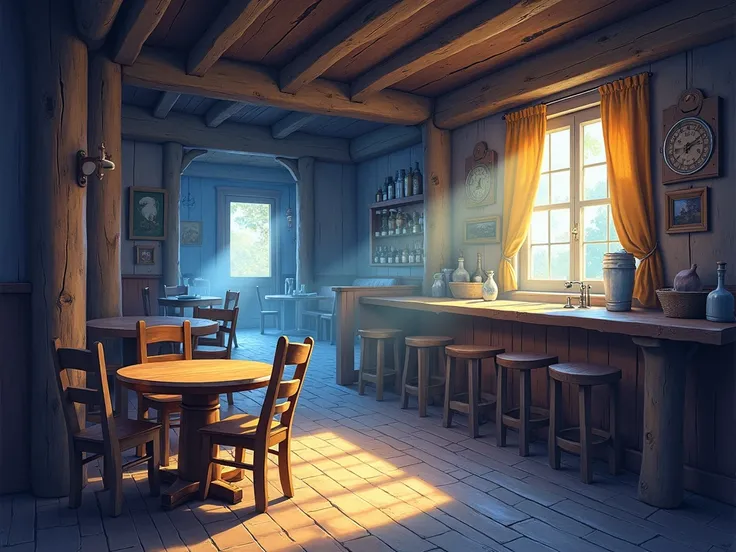 The interior of a tavern in a western fantasy world has tables, chairs and a bar, all made of wood. A beam of light came down from the left, illuminating everything. The colors are blue, yellow, grey-purple, romantic, dappled light, light and shade contras...