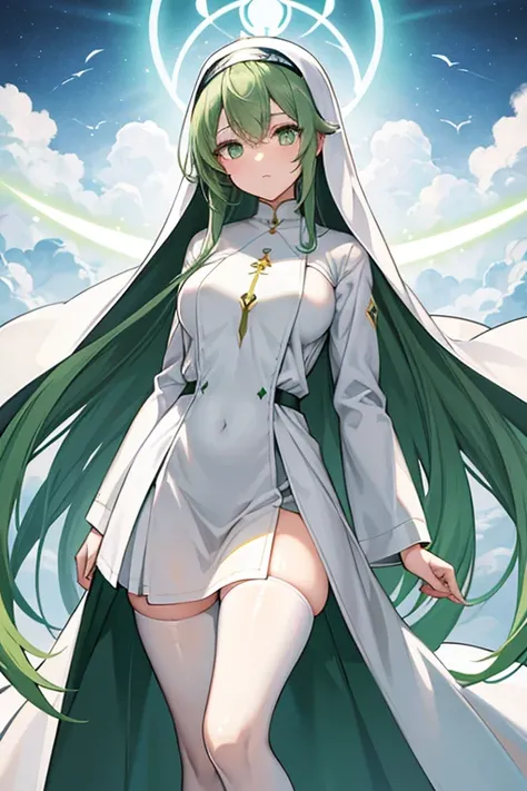  One Beautiful Girl 　Shows up to the waist　 green hair　 long loosely wrapped hair 　 green eyes　 No Emotion　 long-sleeved white long-sleeved clothing with a long hem that is less revealing and skin invisible　 long white monastic uniform with skirt-shaped un...