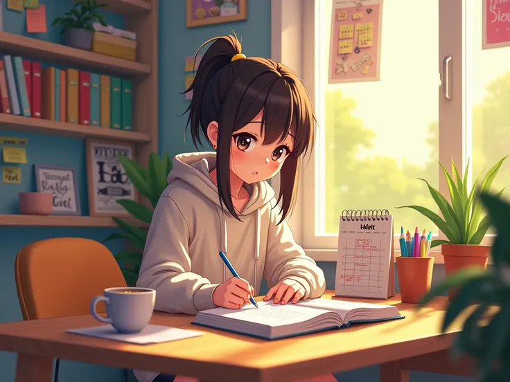 An anime girl sitting at her desk in a cozy, sunlit room filled with motivational posters and sticky notes. Her determined expression shows her focus as she writes in her habit-tracking journal, with a warm cup of tea beside her. On the desk, there are col...