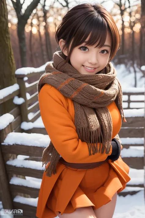 (8k, RAW photo, photorealistic, HQ, masterpiece), a cute Japanese girl,(glowing eyes), 
(laugh ), brown hair, fluffy Pixie Bob hair, large breasts, curvy, (Scarf, orange down jacket, tight long skirt), 
standing pose, Seductive pose, (winter nature park), ...