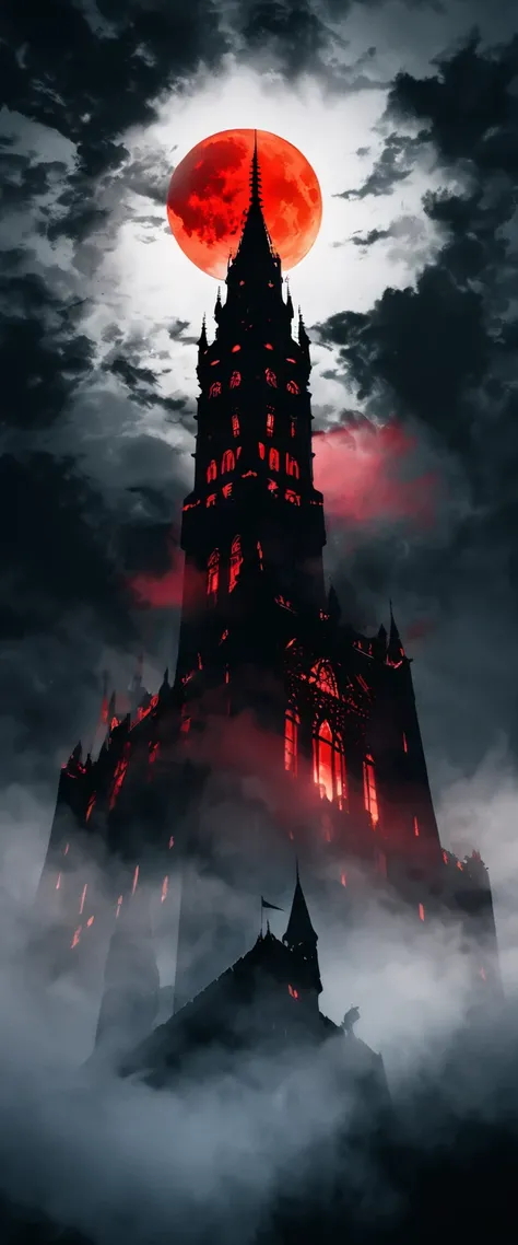 Majestic Tower of Darkness  , Black Mist ,  Crimson Moon Floating in the Dark(( double exposure :1.5 , Fog filter effect)) ,Extreme low angle