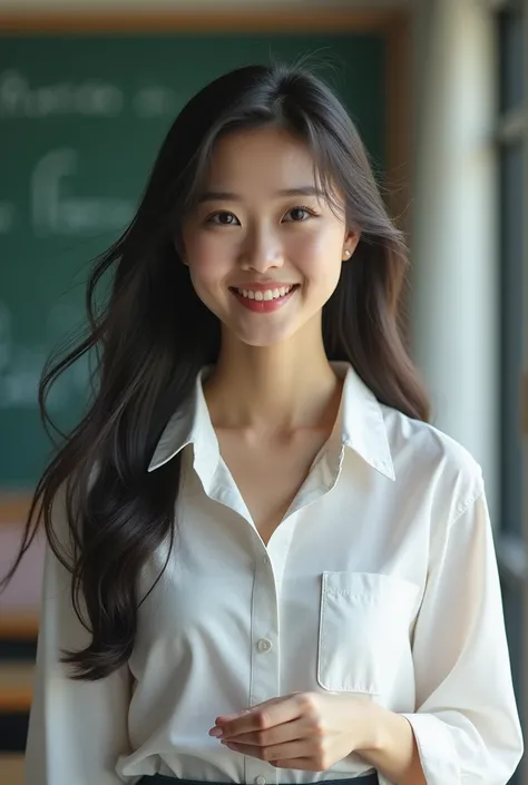 ((highest quality)), ((masterpiece)), (be familiar with), perfect face, beautiful Korean woman, teaching statistics in front of the class with the sweetest smile, minimal or no makeup, white shirt, shy smile, soft natural light illuminating the scene, Long...