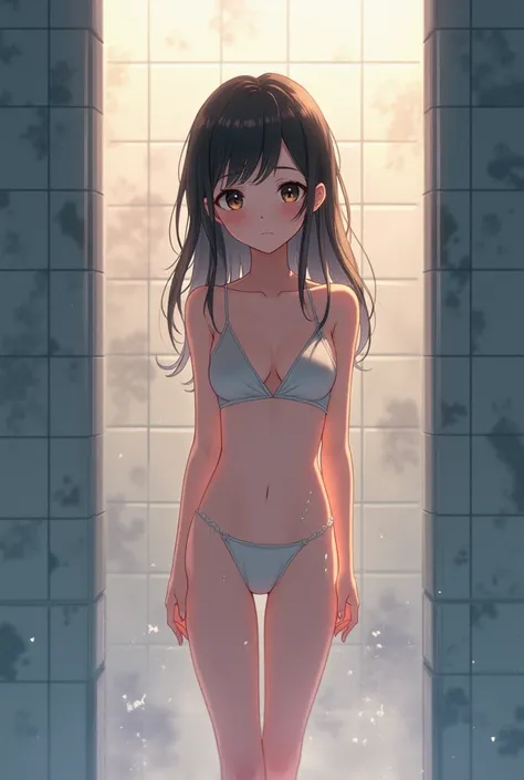 An anime girl standing in shower