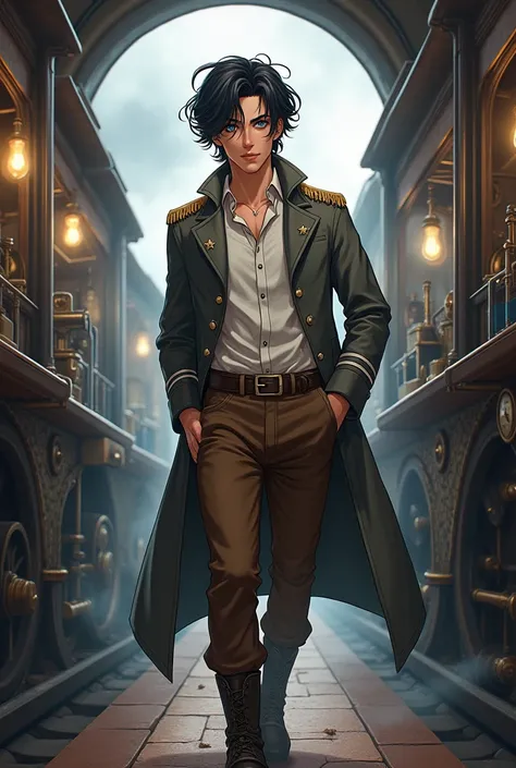 Inspired by the steampunk subgenre and Victorian Europe, create in anime style a young adult of medium height and athletic body, with fair skin, blue eyes and medium-length wavy black hair. He will be wearing a simple white shirt and brown pants, as well a...