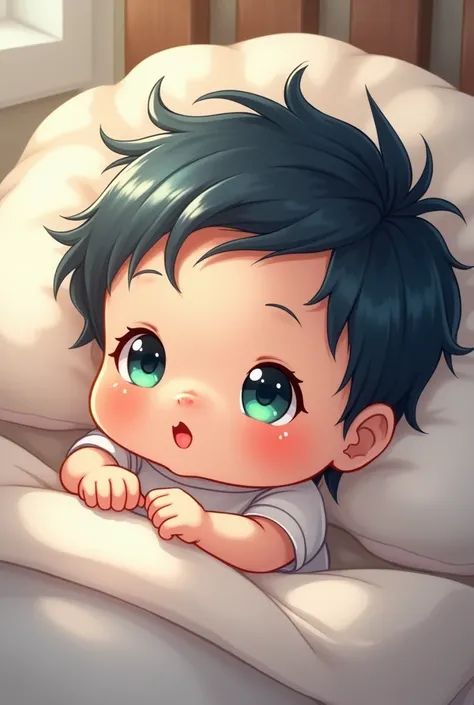 A cute anime little baby boy , less than one year old . Green eyes , blue and black hair . in bed