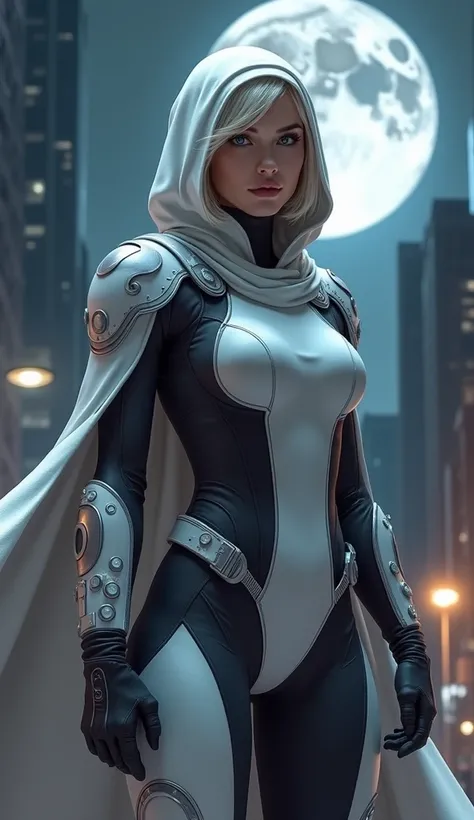 "Create a realistic, high-quality image of a gender-swapped Moon Knight. The character should have a strong, athletic build and wear a sleek, modern version of Moon Knights iconic costume, featuring a white hooded cloak with crescent moon symbols, silver a...