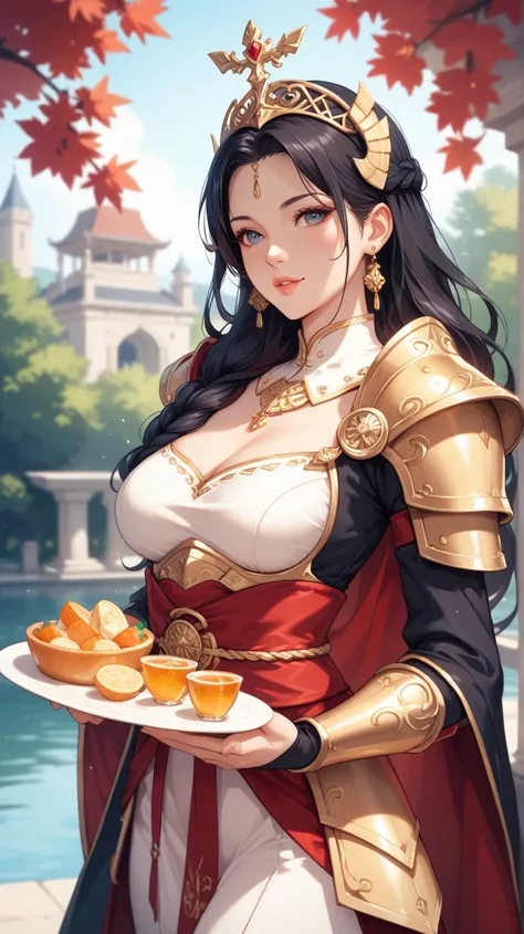 Image is a digital artwork featuring a female character in a fantasy setting. She has long, flowing black hair adorned with a decorative hairpiece. Her skin is fair, and she has striking facial features with large, expressive eyes and a focused expression....