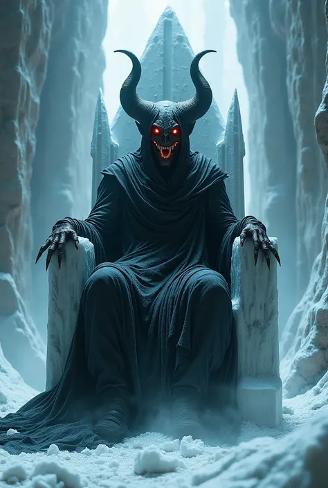 a dark demonic figure,sitting on an icy throne,red glowing eyes,horns,sharp fangs,tattered cloak,(best quality,4k,8k,highres,masterpiece:1.2),ultra-detailed,(realistic,photorealistic,photo-realistic:1.37),cinematic lighting,dramatic atmosphere,dark moody c...