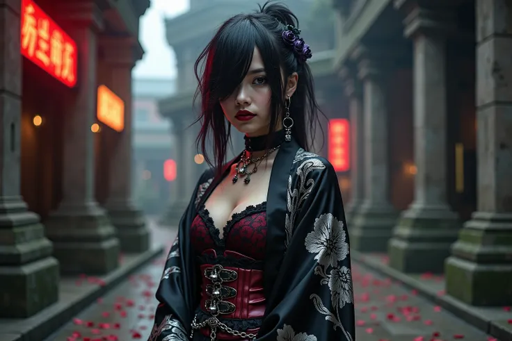 "A Japanese woman with a model-like physique, dressed in a gothic-emo fusion kimono. The kimono is black satin with intricate silver floral patterns that hint at a dark elegance. The sleeves are long and flowing, but the kimono is pulled slightly to the si...