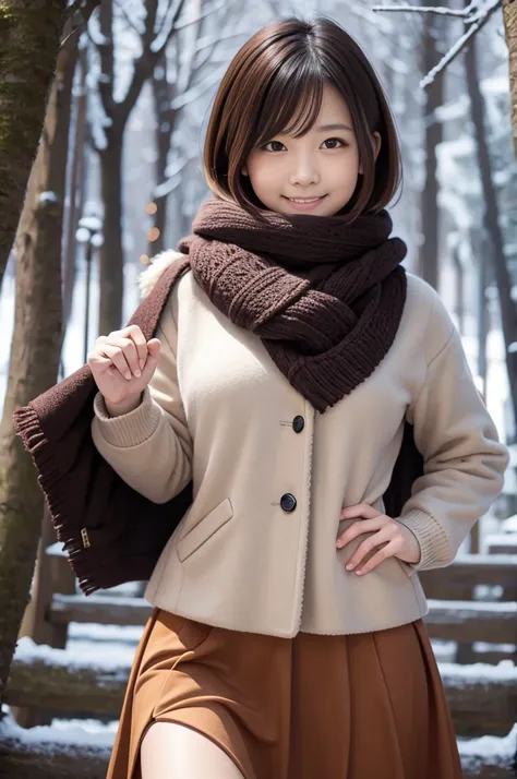 (8k, RAW photo, photorealistic, HQ, masterpiece), a cute Japanese girl,(glowing eyes), 
(laugh ), brown hair, fluffy Pixie Bob hair, large breasts, curvy, (Scarf, down jacket, tight long skirt), 
standing pose, Seductive pose, (winter nature park), 
blurre...