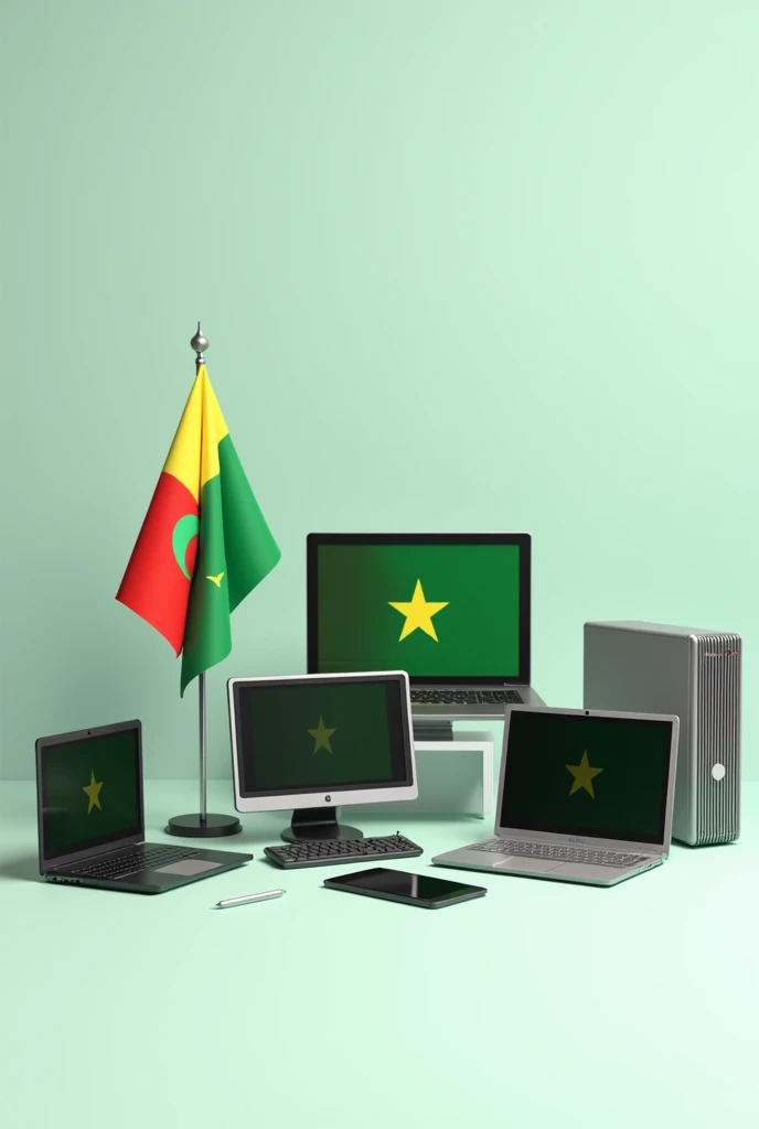 Pictures of several computers with the Mauritanian flag next to them
