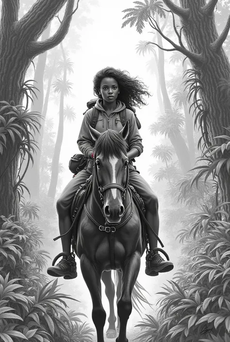 Generate an image of a young black woman riding a horse with enough travel equipment through a thick rainforest  can it be pencil drawn sketch without any colors 