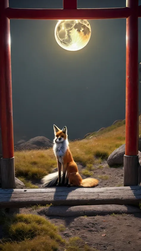 The moon is looked up by a fox spirit that appears momentarily in front of a rotting torii gate.