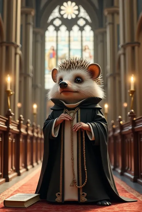 A hedgehog dressed as a Catholic priest in a church 