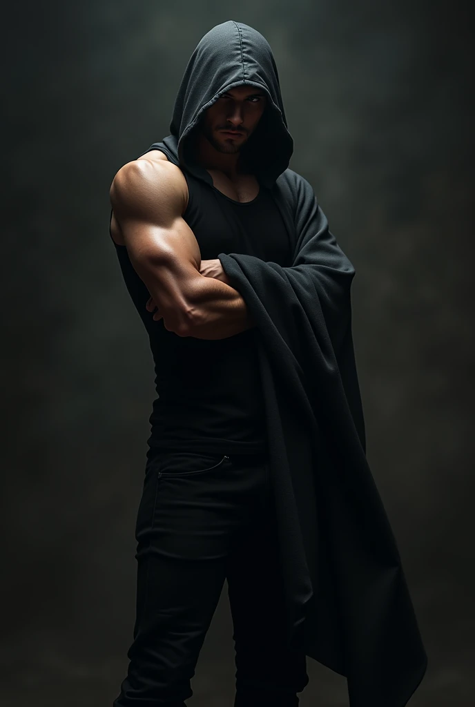 A 17-year-old man, yes, black pants with a cloak and a black tank top.