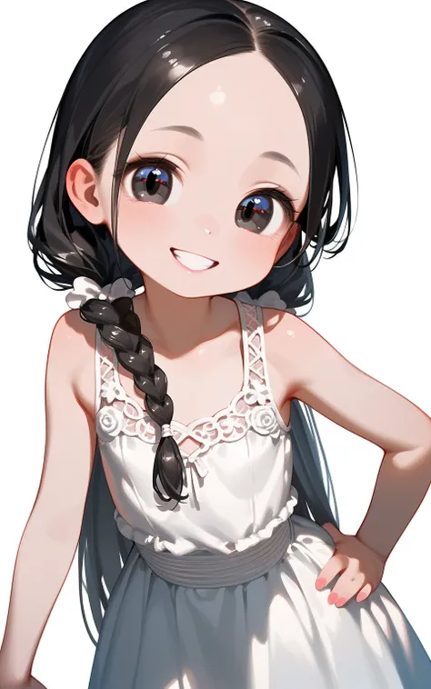 masterpiece,best quality,ultra-detailed,super detailed skin,perfect anatomy,detailed,beautiful detailed eyes,long hair,forehead,straight hair,black hair,black eyes,(loli:1.2),petite,flat chests,
(Tank dress),(evil smile), (hand on hip), simple background, ...