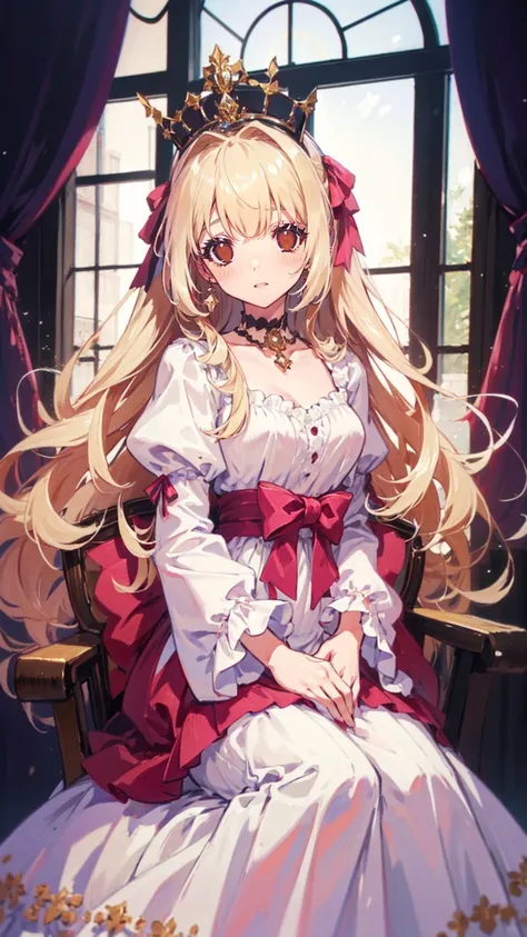 (8k, top quality, masterpiece : 1.2), Ultra-high definition ,,  Marie Antoinette  ,  super detailed face ,fine grain,  just the entrance to the basement of the castle  ,( blonde alone ),  long hair,  wavy hair  , break,Rococo Ruffle Dress,Long sleeve dress...