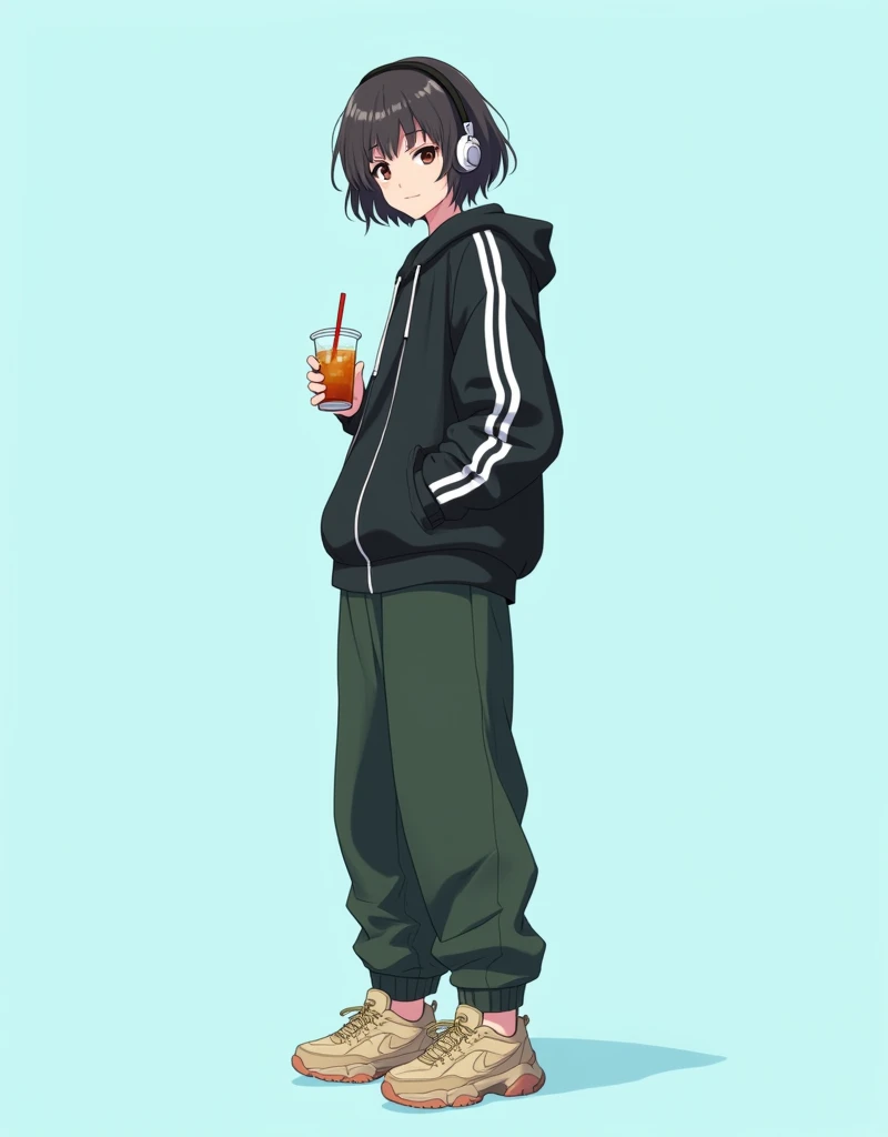 A modern anime-style illustration of a young individual standing in a casual pose. The character is wearing a dark sporty jacket with white accents, loose dark green pants, and chunky beige sneakers. They have medium-length wavy hair and headphones over th...