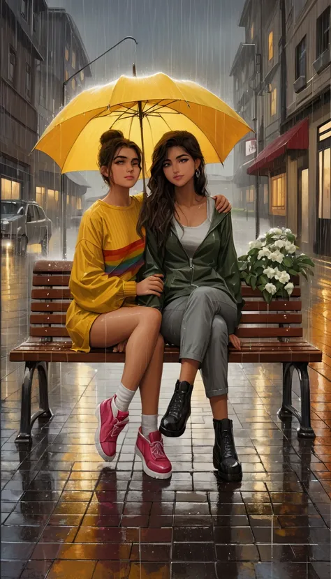 there are two women sitting on a bench in the rain, after rain and no girls, alena aenami and lilia alvarado, beautiful painting of friends, on a rainy day, rainy afternoon, under rain, rainy mood, in the rain, rainy day, rainy weather, lesbian art, just a...