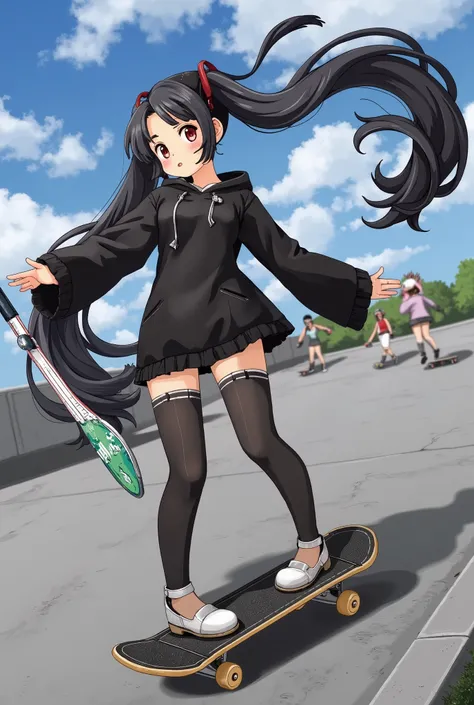 (masterpiece、 top quality、 top quality、 Official Art 、 beautiful and beautiful :1.2)、( One Girl :1.3) Hatsune Miku 、 Twin Tails , Beautiful breasts,   cute girl、 one woman(( skateboarder, black hoodie)) background,(Golf Driving Range,concrete) Women wearin...