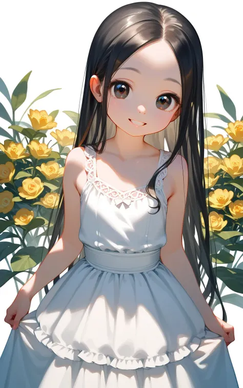 masterpiece,best quality,ultra-detailed,super detailed skin,perfect anatomy,detailed,beautiful detailed eyes,long hair,forehead,straight hair,black hair,black eyes,(loli:1.2),petite,flat chests,
(Tank dress),(fingersmile:1.1),simple background, illustratio...