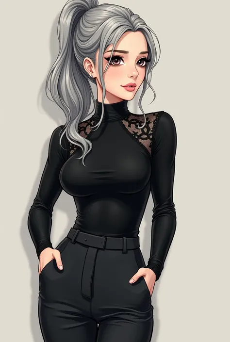 Dessin manga / anime / dessin 
Cest une femme de 23ans 
Elle est assez grande avec une petite poitrine 
Elle a des cheveux long et gris argenté qui sont attachés en chignon 
Elle a des yeux magnifiques de couleurs noires 
Elle a une allure très élégante et...