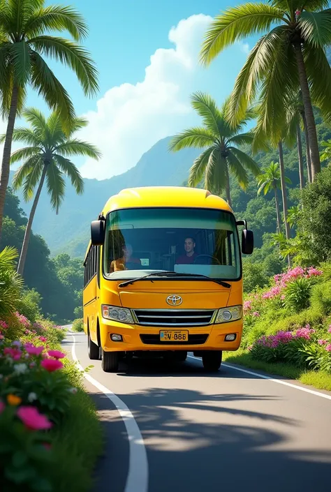 A toyota coaster bus printed Ambai Sigalo yellow paint on the wind screen driving down the hill and oil palm trees growing beside it the road with some beautiful flower growing on the road