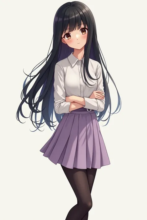 A high school girl wearing white shirt and light purple skirt with black stock and beautiful black leather shoe (black long hair  hight 52 with 0 figure white brown skin )