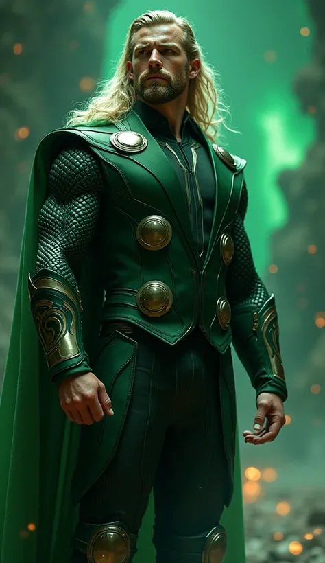 Thor In Green And Black Suit, Perfect Combination Of Green And Black Color, Space Background, Realistic, High Detailed 