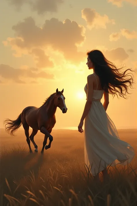 An image of a young woman taken from the back bidding a horse farewell as it runs towards a shiny horizon 