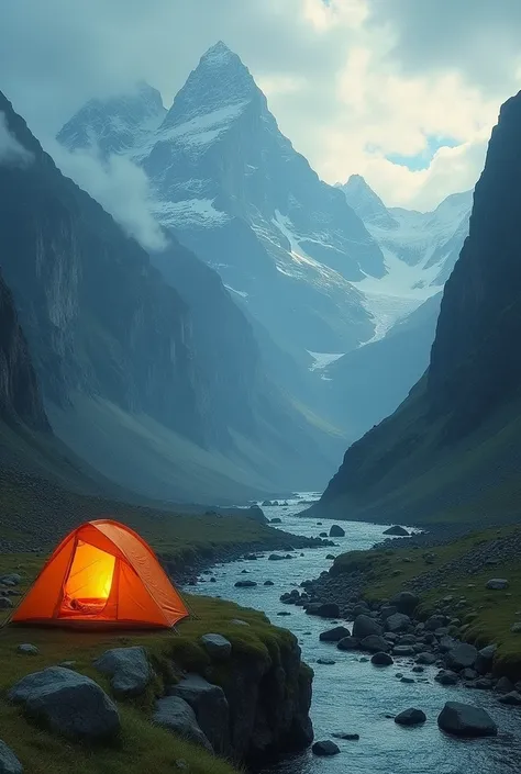 alien camping in mountains with rivers