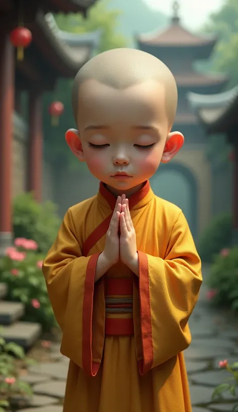 A little Chinese monk boy with his eyes open，Put your hands together
