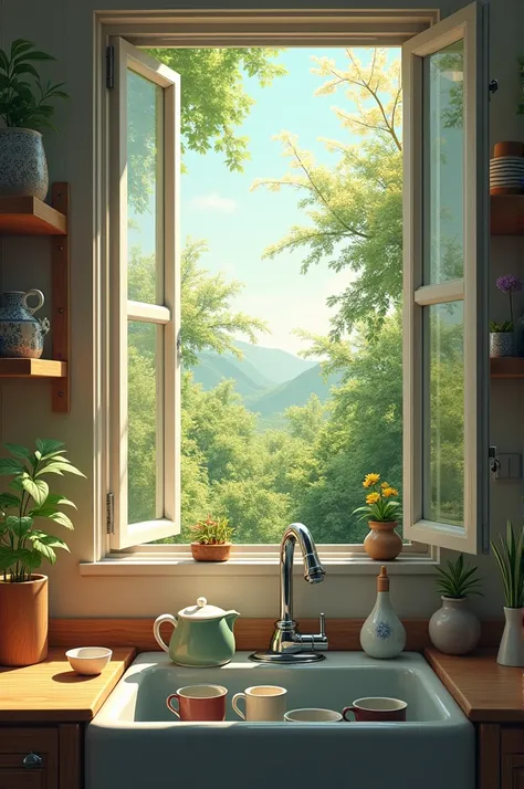 2. In a kitchen sink there is a teapot and some cups. In front of the sink there is also an open glass window. Seen outside there are weed trees that are flowering.