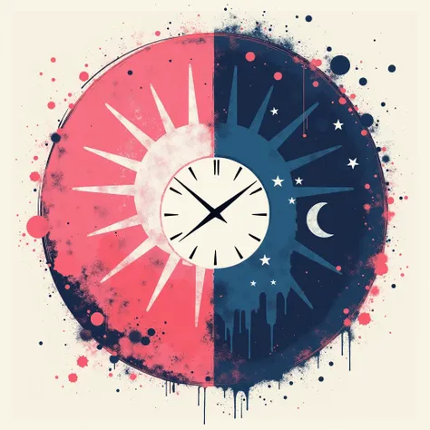 Draw a music album cover ， The pattern is the theme of a clock  during the day and night, with 波洛克 background.  but simple, less details and more shapes, with pink and blue colors.  all around in circle