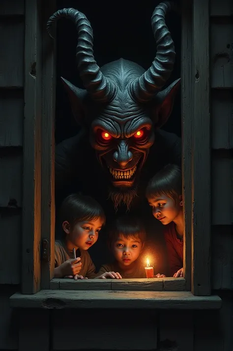 Make a representation of the devil peeking on a family from the window of the house