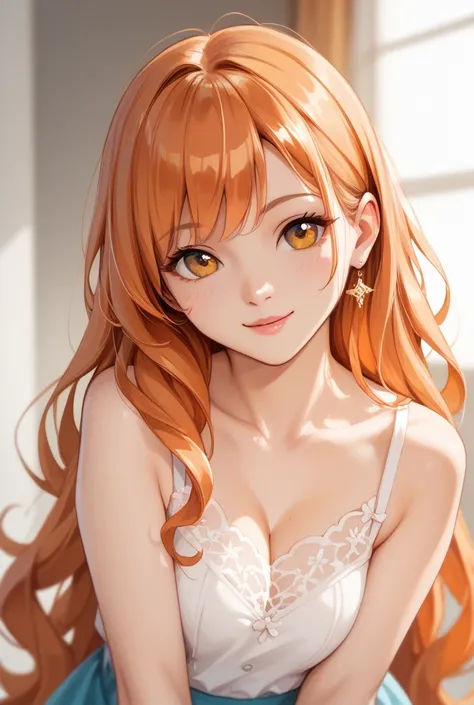  high definition 、 1 girl 、Alone、 long hair、  orange eyes 、 Orange hair masterpiece,  smiles, cute
