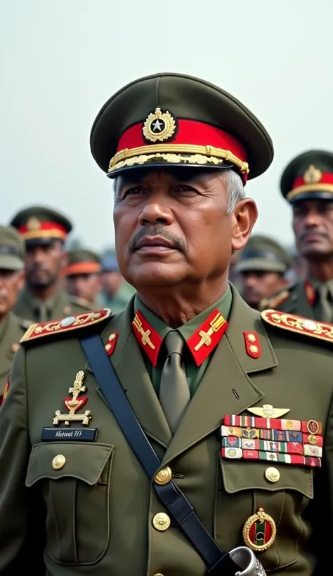 Close-up of General Sam Manekshaw, Indias military leader, in full military uniform, his stern face showing determination as he stands in the aftermath of the surrender in Dhaka on December 16, 1971. The background is blurred with soldiers in motion.