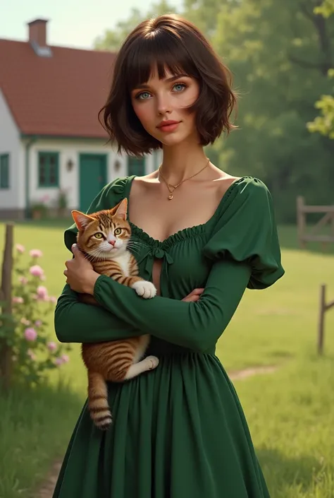 girl 35 years old,  brunette , bob haircut,  third size chest , , a green dress with a long skirt,  top with a slit on the chest ,  Blue eyes,  with a cat in her arms ,  against the backdrop of a country house ,  in realistic 

