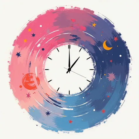 Draw a music album cover ， The pattern is the theme of a clock  during the day and night, with 波洛克 background.  but simple, less details and more shapes, with pink and blue colors.  all around in circle